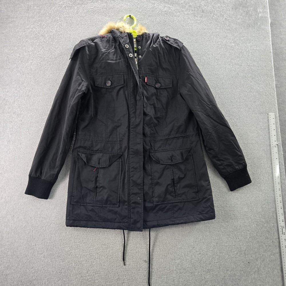 Levi's Women Jacket L Black Nylon Polyester Parka Faux Fur Hooded READ